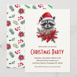 Raccoon in der Weihnachtsmannmütze Poinsettias Wei Einladung