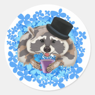 Raccoon in einem Hut mit einer Tasse Kaffee Runder Aufkleber