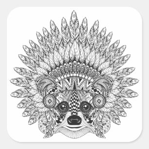 Raccoon in Featherkrieg Bonnet Doodle Quadratischer Aufkleber