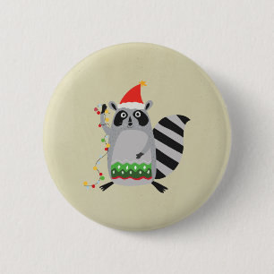 Raccoon In Santa Hat Tangled Up In Holiday Lights Button