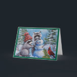 Raccoon, Kardinal, Snowman Blank Grußkarte Karte<br><div class="desc">Schneewintertage erfordern einen Schneemann.. und was macht Spaß,  als mit Freunden zu machen. Ich nenne es "WINTER FUN". Bild von meiner ursprünglichen Kunst.</div>