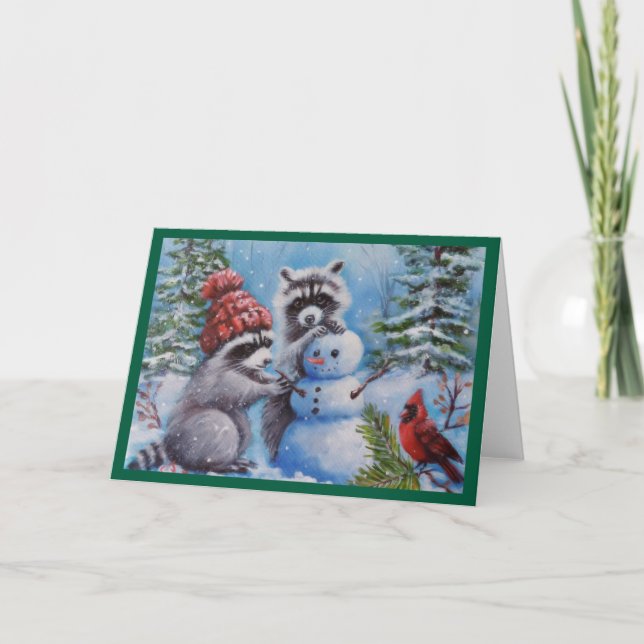 Raccoon, Kardinal, Snowman Blank Grußkarte Karte (Vorderseite)