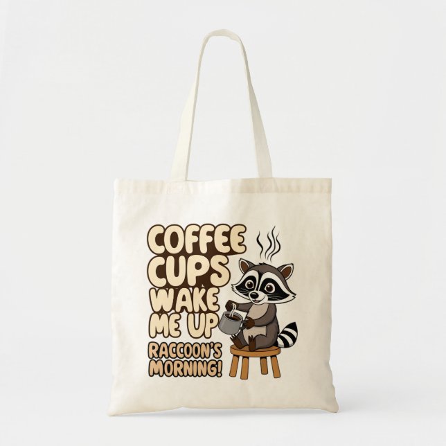 Raccoon lustiger Morgen mit Kaffeetasse Tragetasche (Vorne)