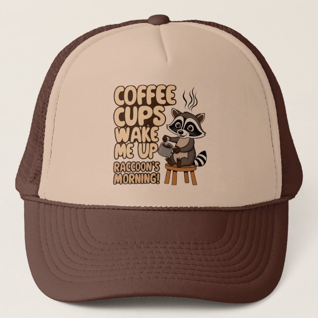 Raccoon lustiger Morgen mit Kaffeetasse Truckerkappe (Vorderseite)