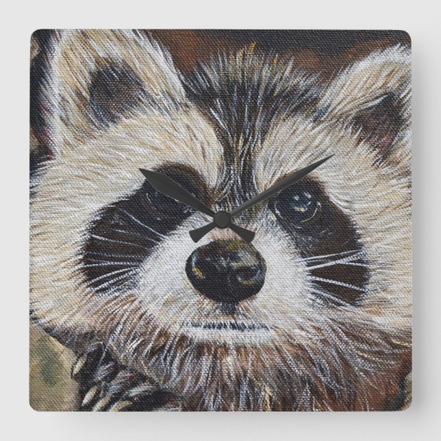 Raccoon-Malerei Quadratische Wanduhr (Vorderseite)
