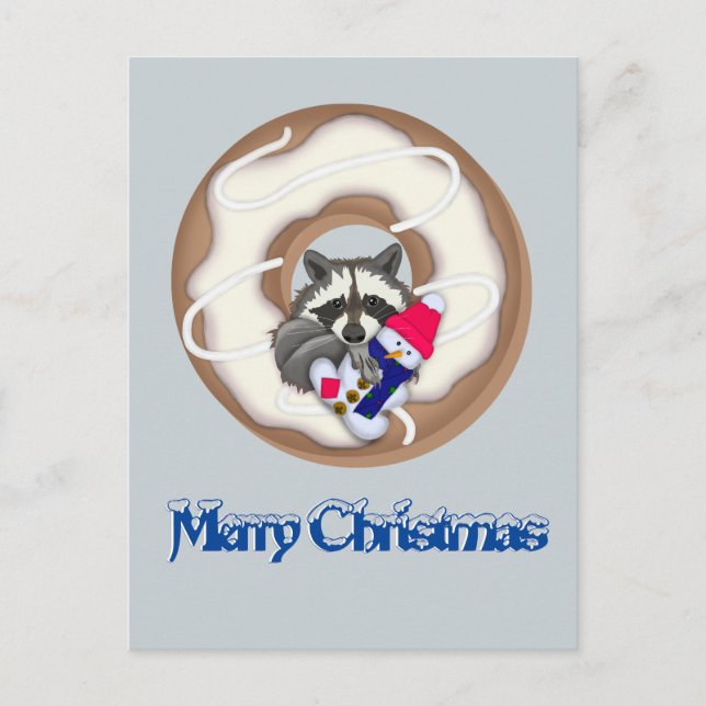 Raccoon mit einem Schneemann Frohe Weihnachten Postkarte (Vorderseite)