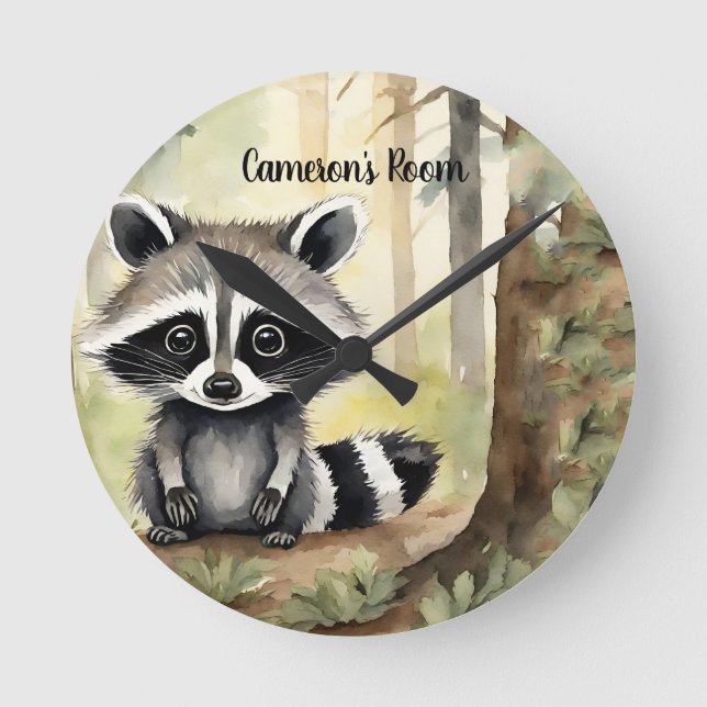 Raccoon Personalisiert Woodland Runde Wanduhr (Vorderseite)