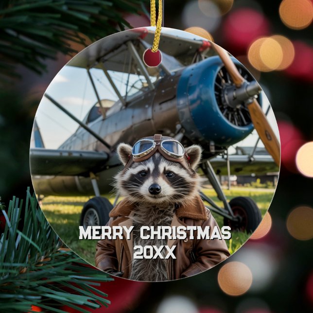 Raccoon Pilot Flugzeug Sonniges Foto Weihnachten Keramik Ornament (Von Creator hochgeladen)
