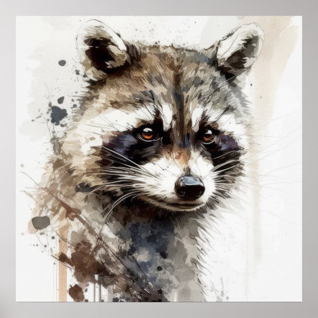 Raccoon Portrait Tiermalerei Natur im Freien Poster (Vorne)