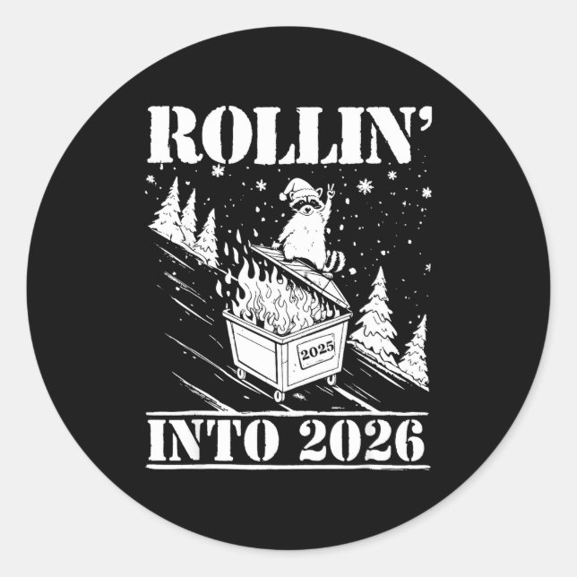Raccoon Rolling Into 2026 Happy New Year 2026 Funn Runder Aufkleber (Vorderseite)