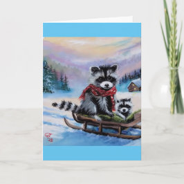 Raccoon-Schlitten Winterszene Blank Grußkarte Karte