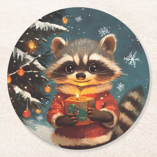 Raccoon Schnee Weihnachtslieder Runder Pappuntersetzer (Vorderseite)