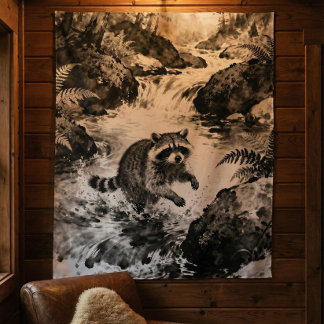 Raccoon Stream Tapestry | Forest Wildlife Art  Wandteppich