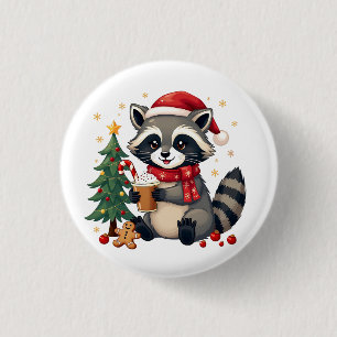 Raccoon Tragen Weihnachtsmannmütze für Weihnachtsf Button
