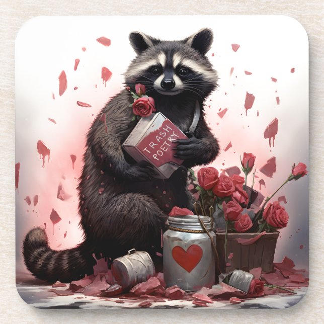 Raccoon Trash Poesie Valentinstag Getränkeuntersetzer (Vorderseite)