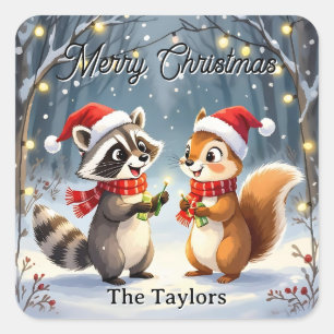 Raccoon und Eichhörnchen Hängende Weihnachtsbeleuc Quadratischer Aufkleber