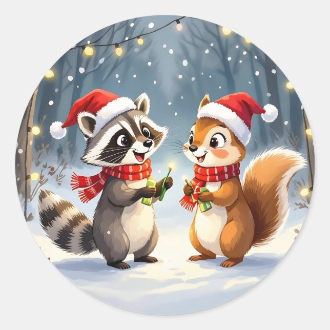 Raccoon und Eichhörnchen Hängende Weihnachtsbeleuc Runder Aufkleber (Vorderseite)