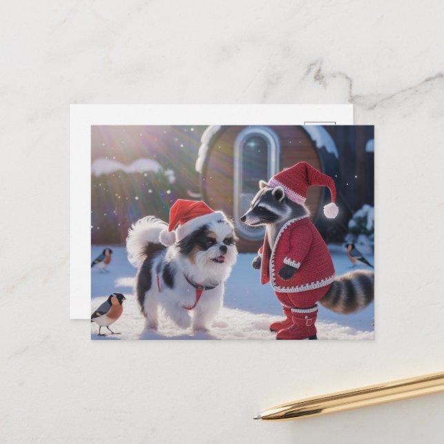 Raccoon und ein Hund Weihnachten Postkarte (Vorderseite/Rückseite Beispiel)
