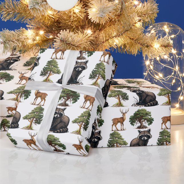 Raccoon und Hirschwald Geschenkpapier (Feiertage)