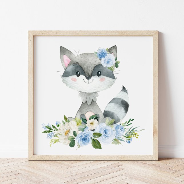 Raccoon, Waldtiere, Boho, Blaublumen Fotodruck (Von Creator hochgeladen)