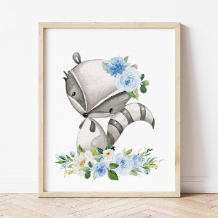 Raccoon, Waldtiere, Boho, Blaublumen Fotodruck