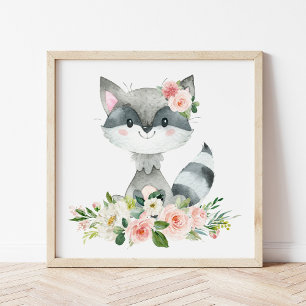 Raccoon, Waldtiere, Boho, rosa Blume Fotodruck