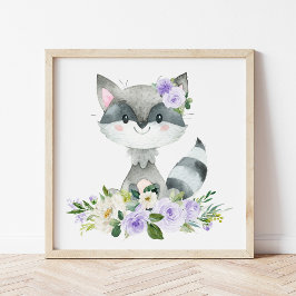 Raccoon, Waldtiere, Boho, violette Blumen Fotodruck