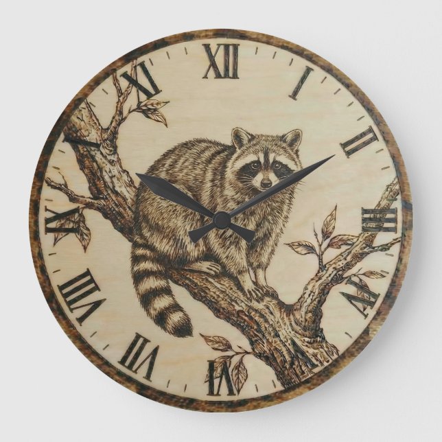 Raccoon Wall Clock - Rustic Cabin Decor Große Wanduhr (Vorderseite)