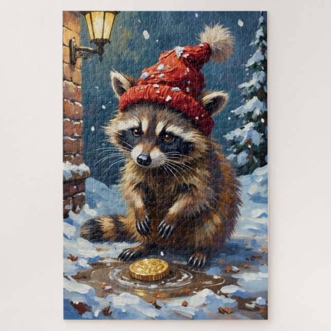 Raccoon Washing Stolen Christmas Gold Hat (Vertikal)