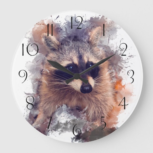 Raccoon Watercolor Große Wanduhr (Vorderseite)