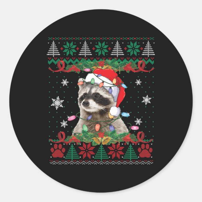 Raccoon Weihnachtsmannmütze Weihnachten Ugly Sweat Runder Aufkleber (Vorderseite)