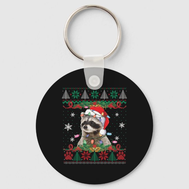 Raccoon Weihnachtsmannmütze Weihnachten Ugly Sweat Schlüsselanhänger (Vorderseite)