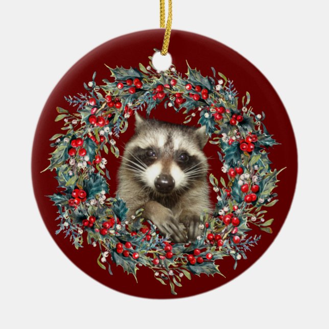 Raccoon Wildlife lover Christmas  Xmas wreath red Keramik Ornament (Vorne)