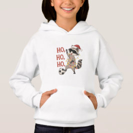 Raccoon with lights and Christmas hat playing socc Hoodie
