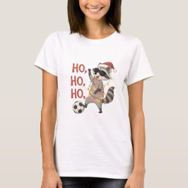 Raccoon with lights and Christmas hat playing socc T-Shirt