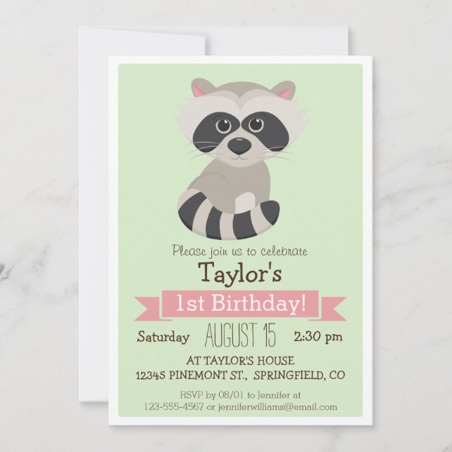 Raccoon, Woodland Animal Kid's Birthday Party Einladung (Vorderseite)