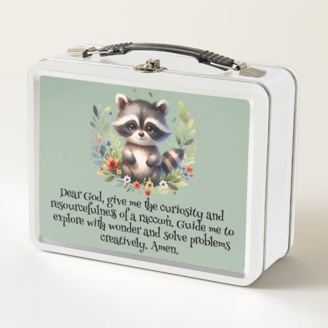 Raccoon Woodland Kinder Christliches Gebet auf bla Metall Brotdose (Vorderseite)