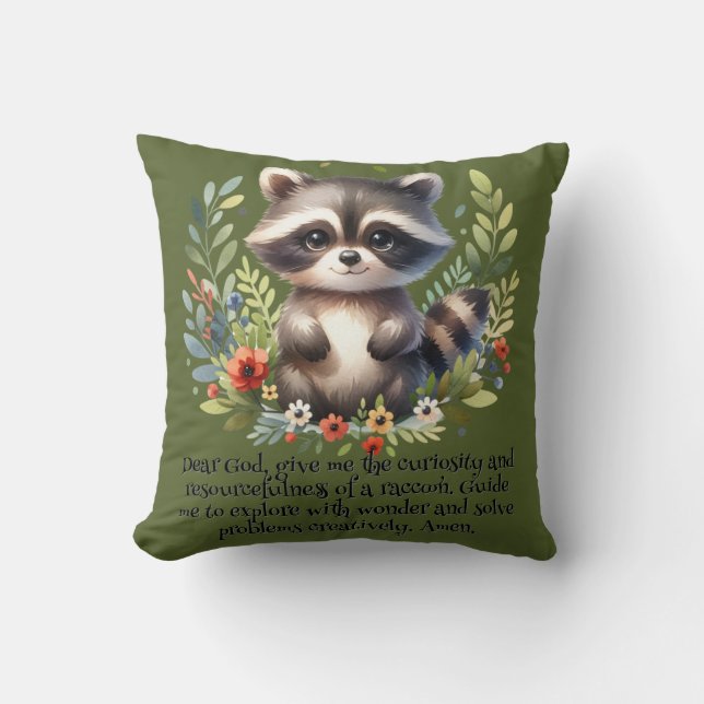 Raccoon Woodland Kinder Christliches Gebet auf Grü Kissen (Vorderseite)