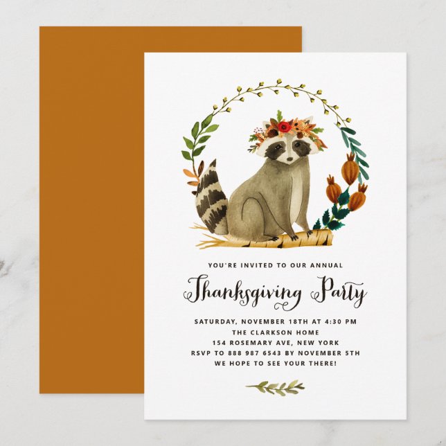 Raccoon Wreath Erntedank Party Einladung (Vorne/Hinten)