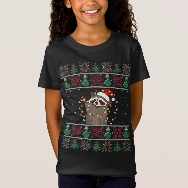 Raccoon Xmas Lights Raccoon Ugly Christmas Sweater T-Shirt (Vorderseite)