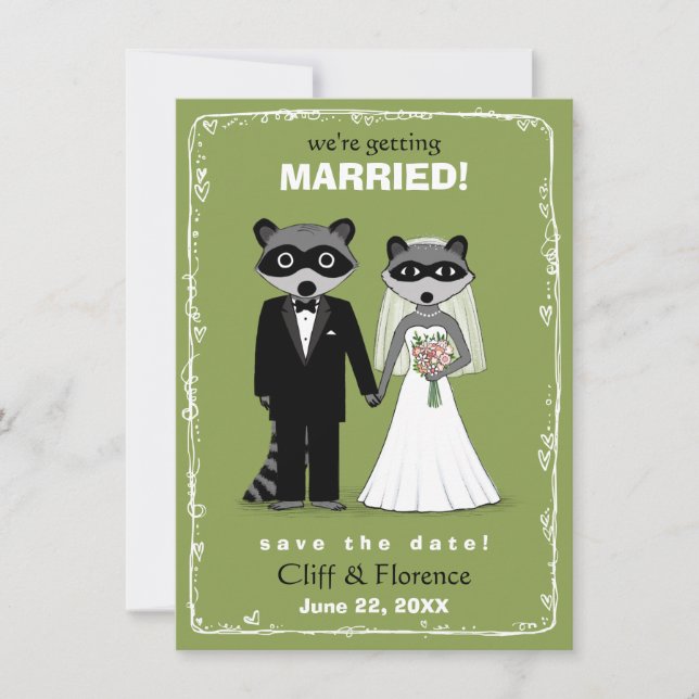 Raccoons Hochzeit speichern das Datum Grün Save The Date (Vorderseite)