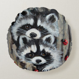 Raccoons Peeking Rundes Kissen