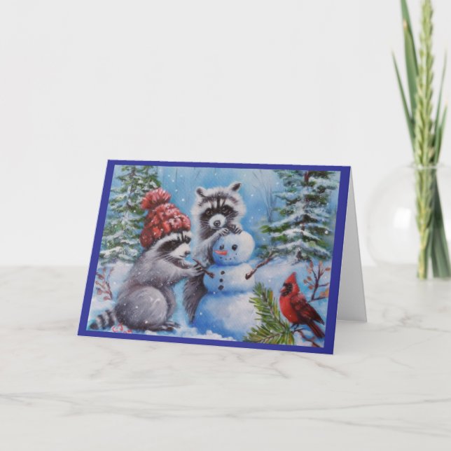 Raccoons Snowman Kardinal Bland Grußkarte Karte (Vorderseite)