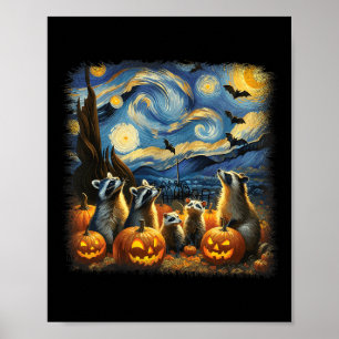 Raccoons und Possum Halloween Fall Van Gogh Starry Poster
