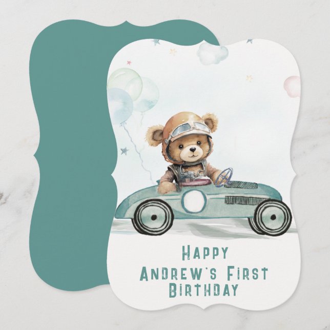 Race Car Baby Bear 1er Anniversaire Carte (Devant / Derrière)