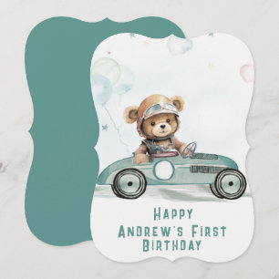 Race Car Baby Bear 1er Anniversaire Carte