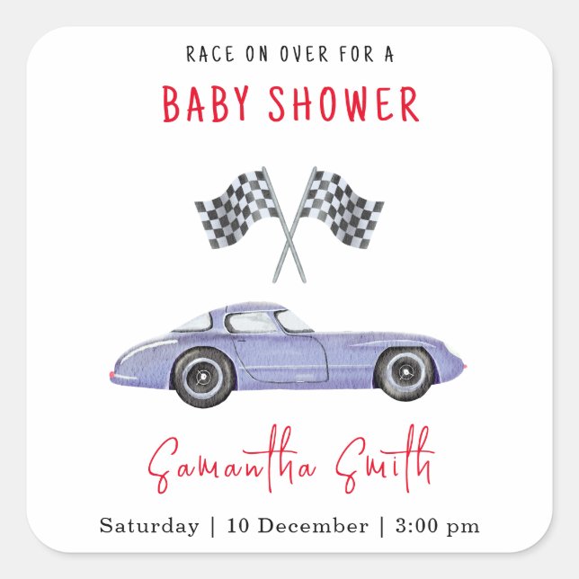 Race Car Baby Dusche Quadratischer Aufkleber (Vorderseite)