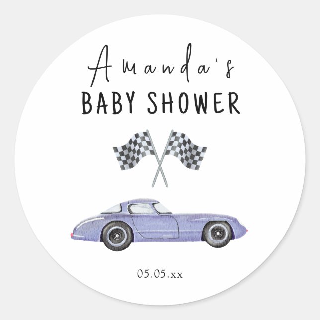 Race car Baby Dusche Runder Aufkleber (Vorderseite)