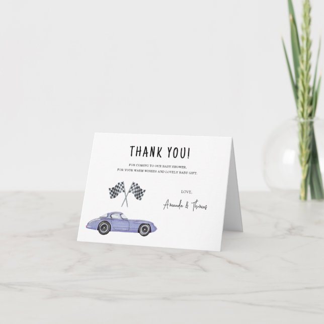 Race car Baby Dusche - vielen Dank Dankeskarte (Vorderseite)