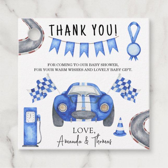 Race car Baby Dusche - vielen Dank Geschenkanhänger (Vorderseite)